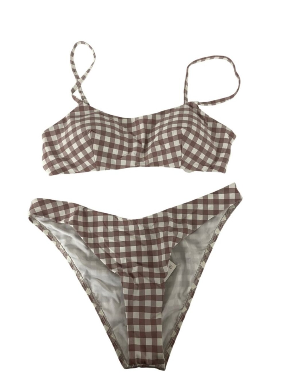 Oysho Womens bikini Swimsuit Medium Brown White Gingham 2 Piece 2440/935 NWT